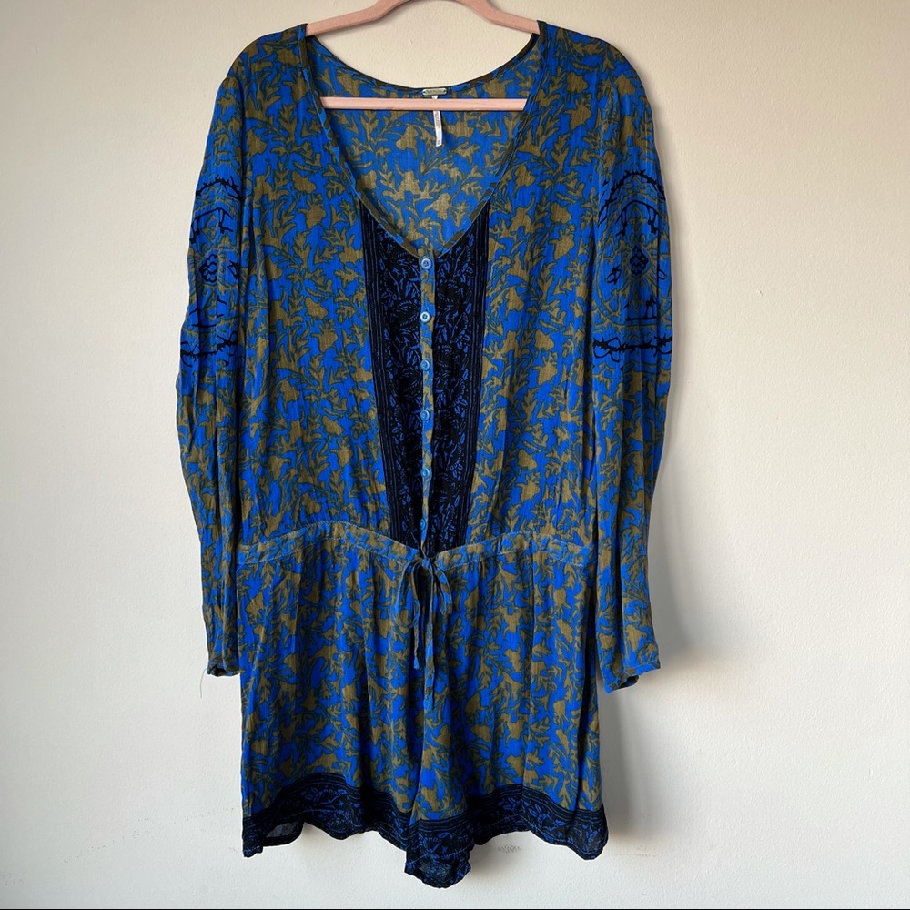 Free People Resort Romper Long Sleeve Lace Boho Blue Size Medium